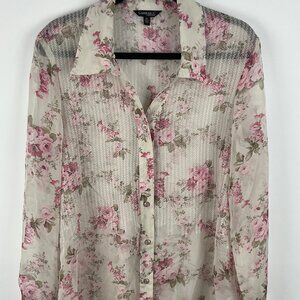 Conrad C Top Blouse Size 10 Pink Floral Long Sleeve Sheer Button Down Polyester